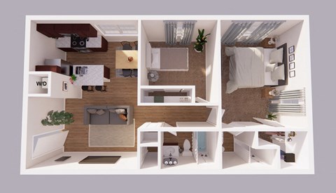 a 3d drawing of the interior of a 1 bedroom apartment
